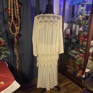 Vintage Miss Ashlee California 2 piece Dress sz M/L 70's Lace Sheer Ivory
